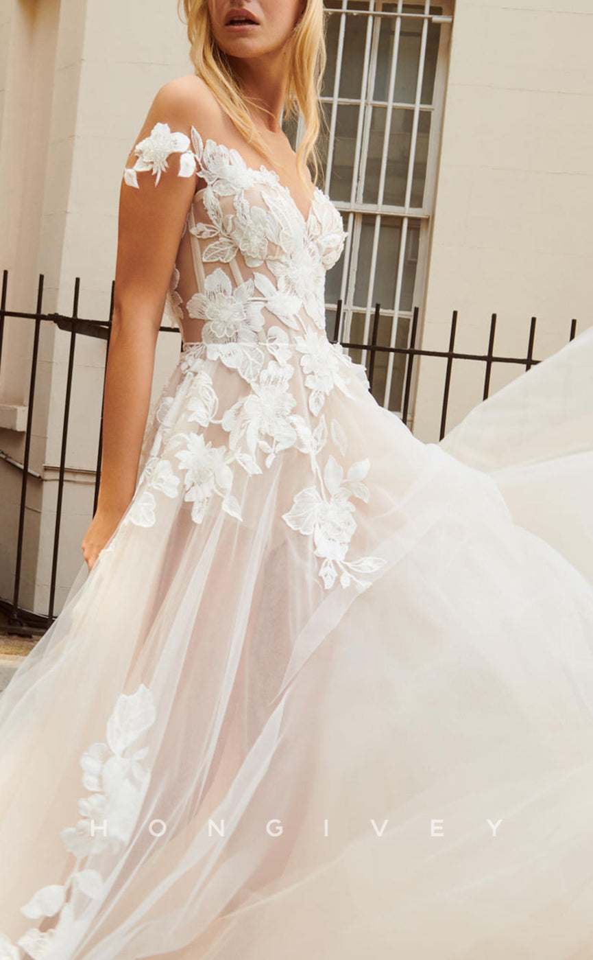 H1075 - Sexy Illusion Floral Appliqued Off-Shoulder With Train Boho Wedding Dress