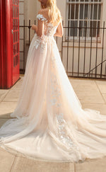 H1075 - Sexy Illusion Floral Appliqued Off-Shoulder With Train Boho Wedding Dress