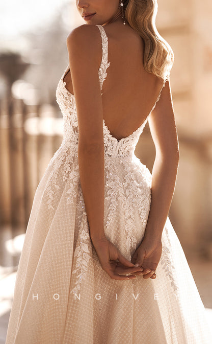 H1077 - Sexy Plunging Illusion Backless Appliques With Side Slit Boho Wedding Dress