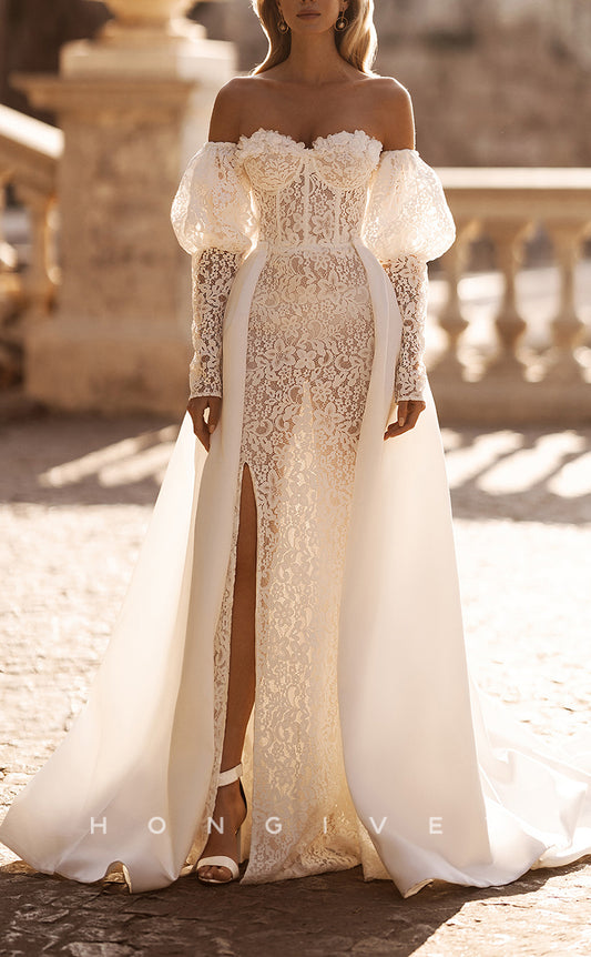H1078 - Sexy Lace Strapless Sweetheart Long Sleeve Illusion Cutout Wedding Dress