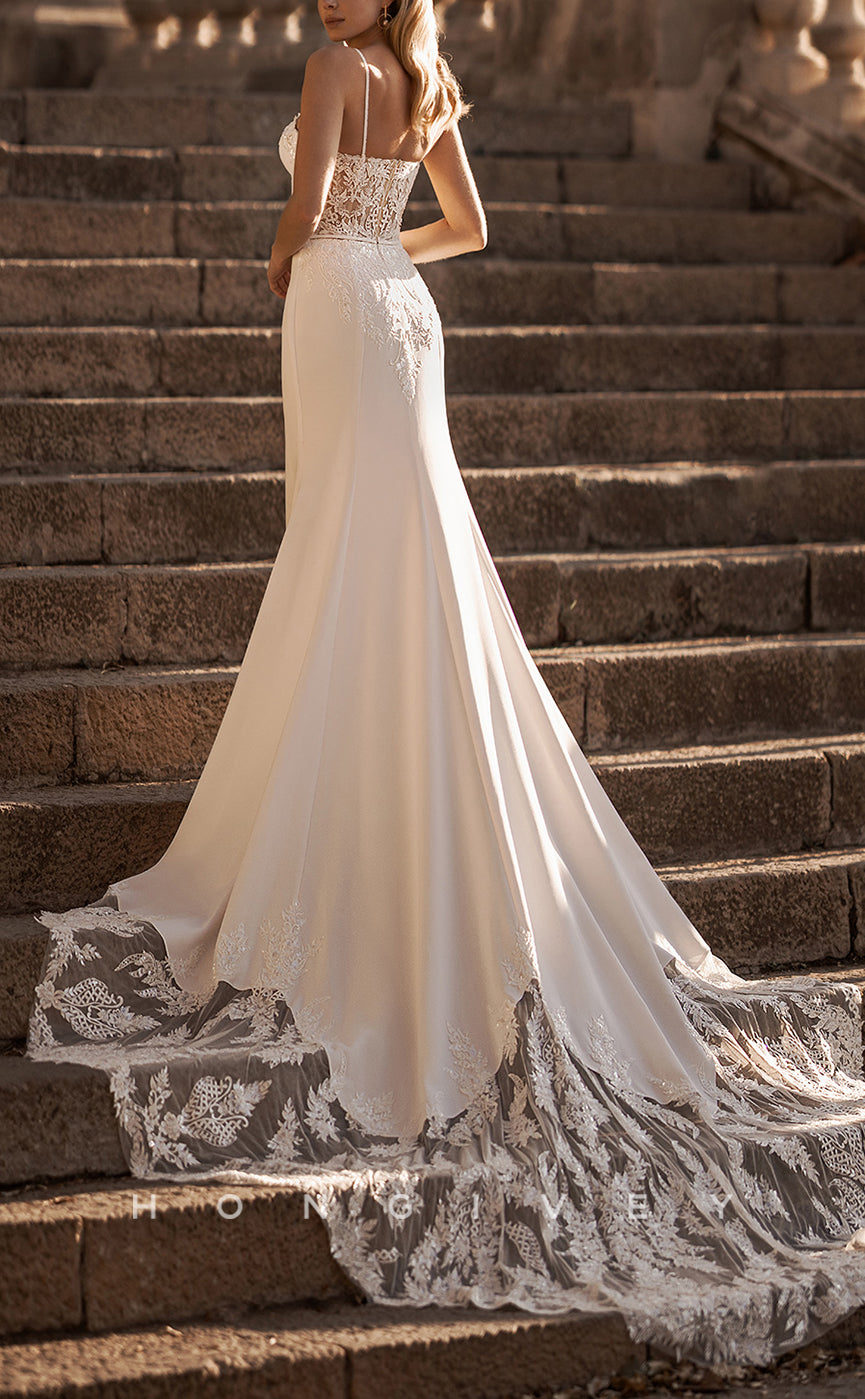 H1079 - Elegant & Luxurious Satin Sweetheart Spaghetti Straps Court Train Wedding Dress