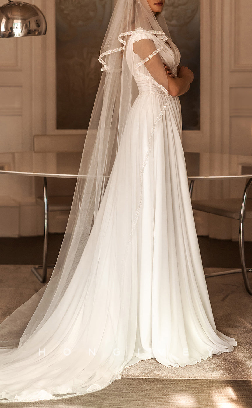 H1082 - Sexy V-Neck Sleeveless Empire Ruched With Side Slit Train Wedding Dress