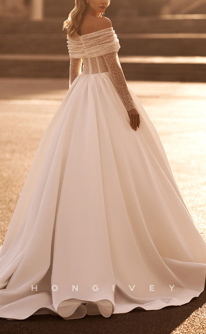 H1084 - Glamorous & Dramatic Illusion Detachable Off-Shoulder Long Sleeves Wedding Dress