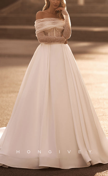 H1084 - Glamorous & Dramatic Illusion Detachable Off-Shoulder Long Sleeves Wedding Dress