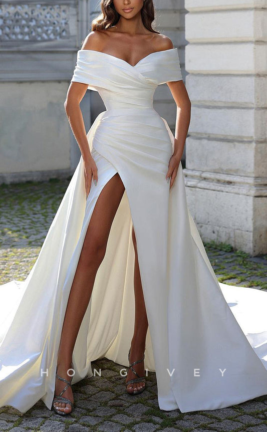 H1088 - Elegant & Luxurious Satin Off-Shoulder Empire Ruched With Side Slit Train Wedding Dress