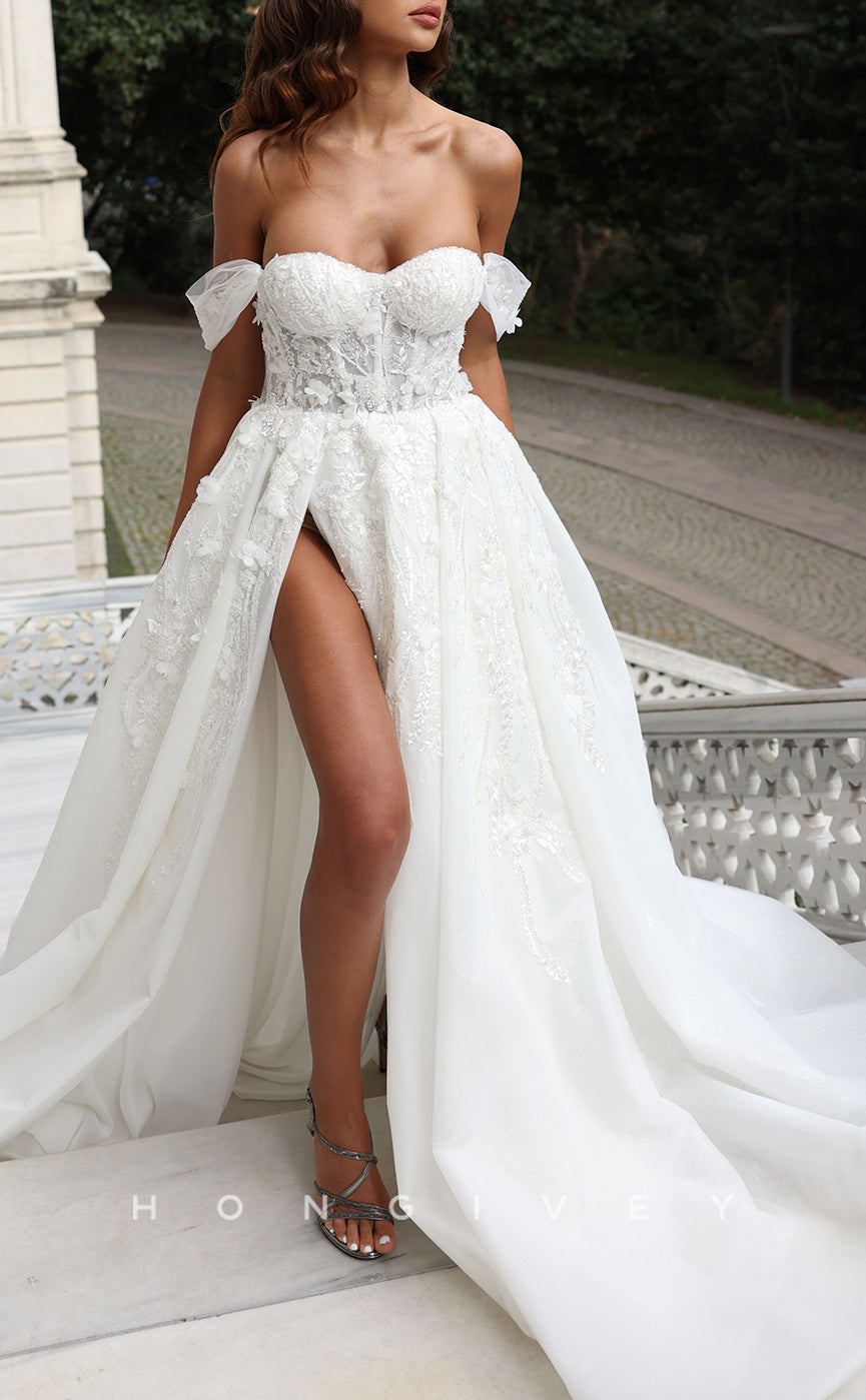H1091 - Sexy Off-Shoulder Appliques Floral Embellished Empire With Train Wedding Dress