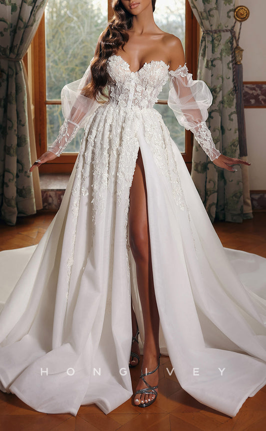 H1093 - Ornate Sweetheart Strapless Long Sleeves Floral Embellished With Side Slit Wedding Dress