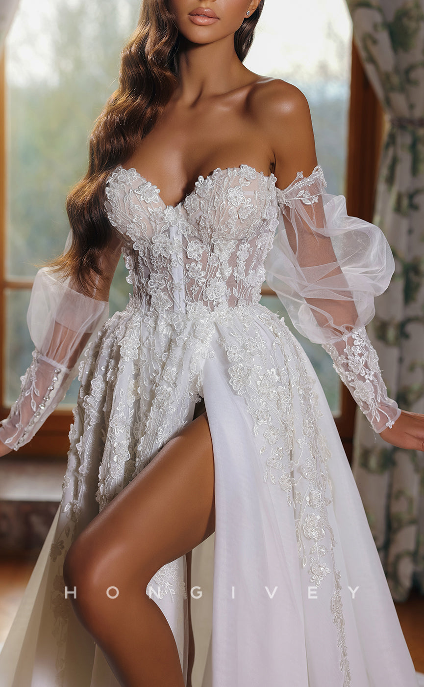 H1093 - Ornate Sweetheart Strapless Long Sleeves Floral Embellished With Side Slit Wedding Dress