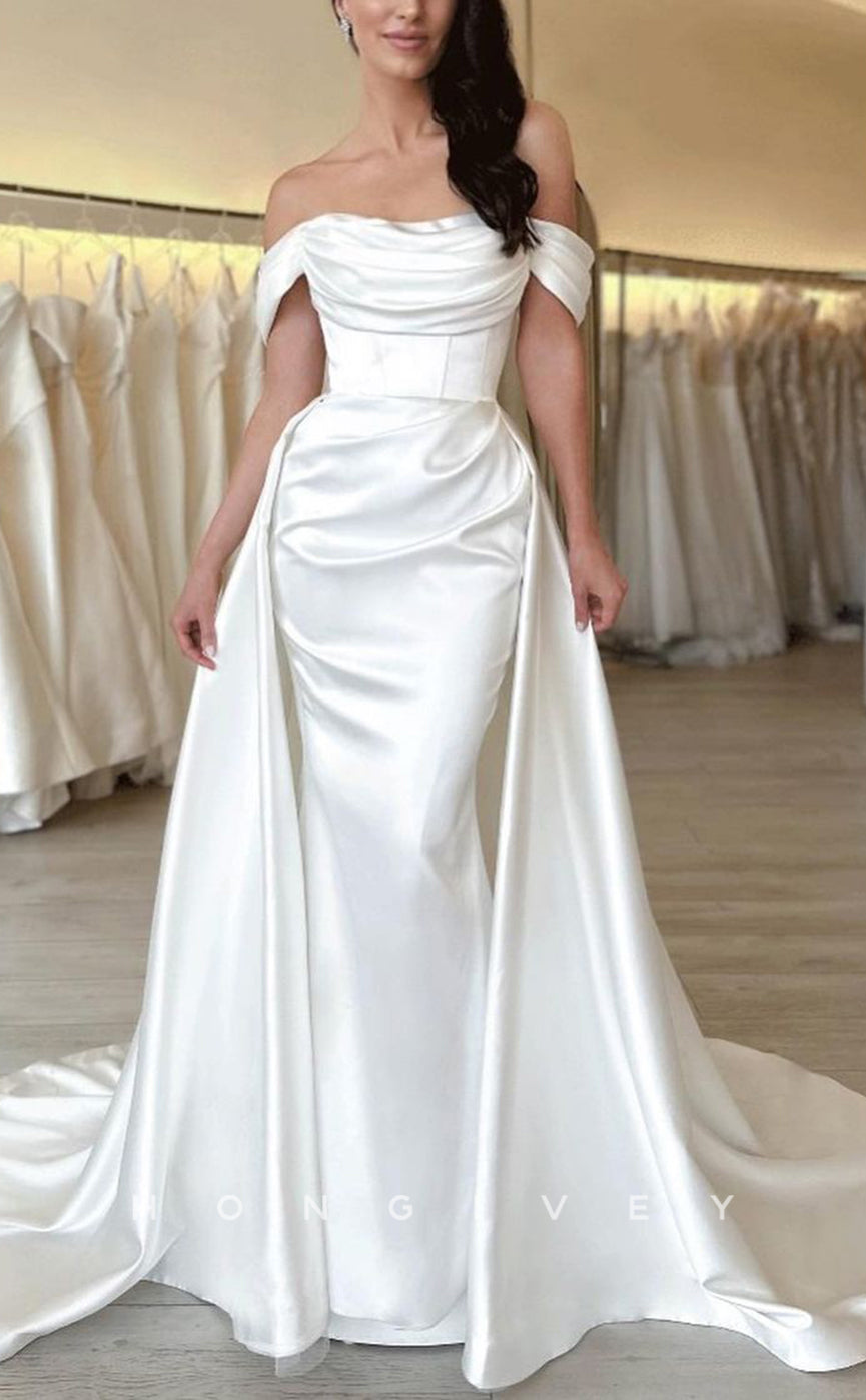 H1095 - Elegant & Luxurious Satin Off-Shoulder Ruched Two Piece With Train Wedding Dress