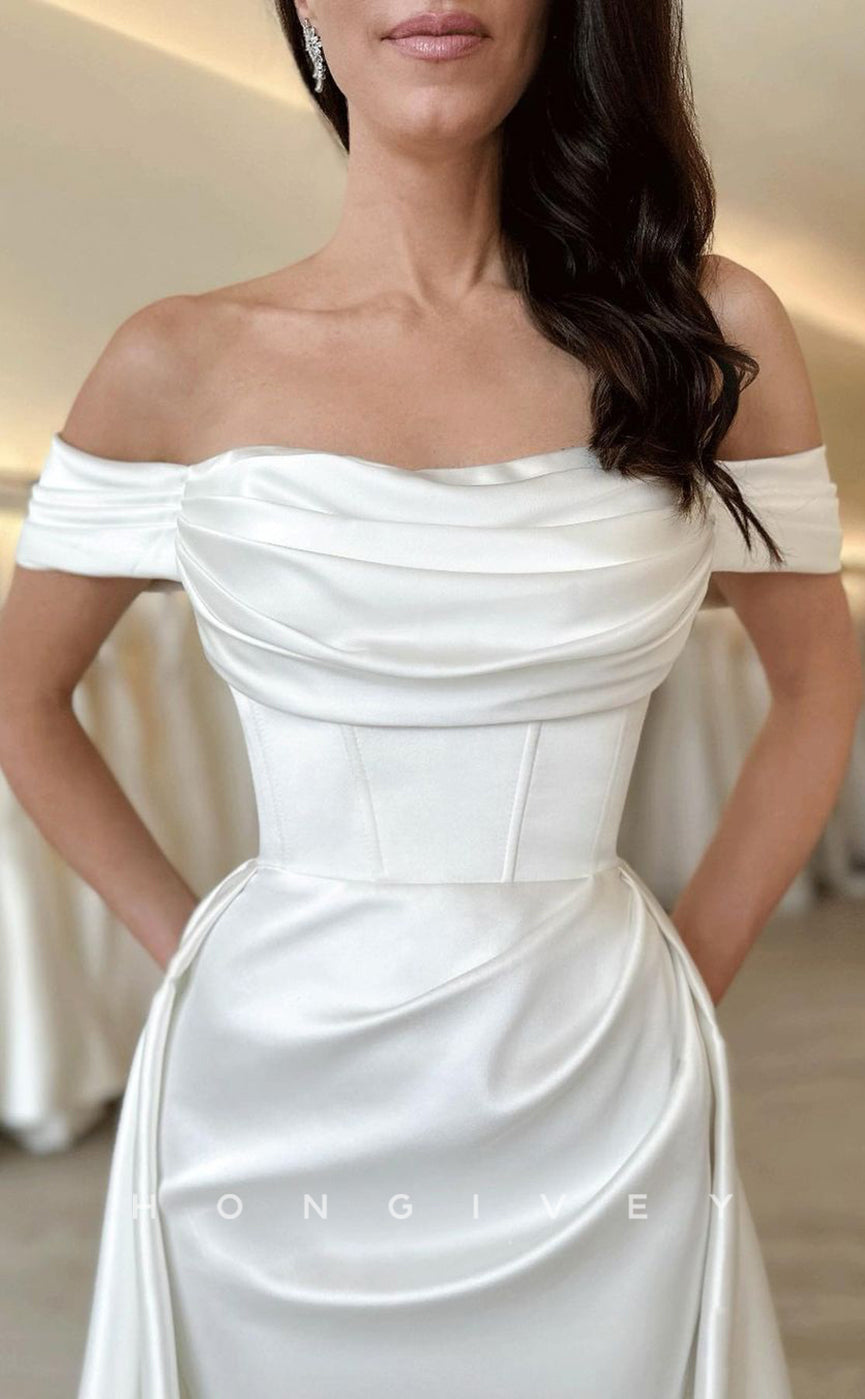 H1095 - Elegant & Luxurious Satin Off-Shoulder Ruched Two Piece With Train Wedding Dress