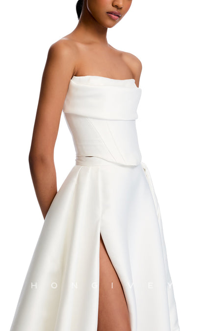 H1096 - Sexy Satin Empire Strapless With Side Slit Train Wedding Dress