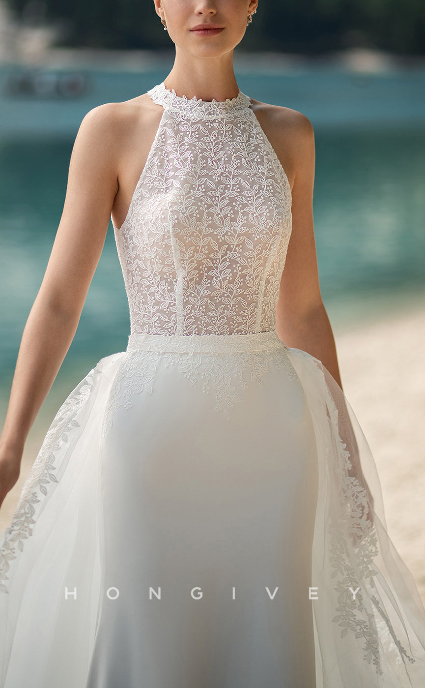 H1101 - Elegant & Luxurious High Neck Sleeveless Appliques Detachable With Overlay Boho/Beach Wedding Dress