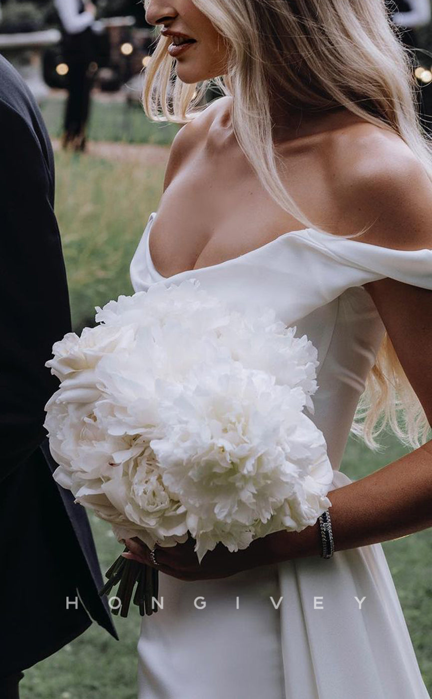 H1102 - Sexy Satin Fitted Off-Shoulder Ruched With Train Wedding Dress