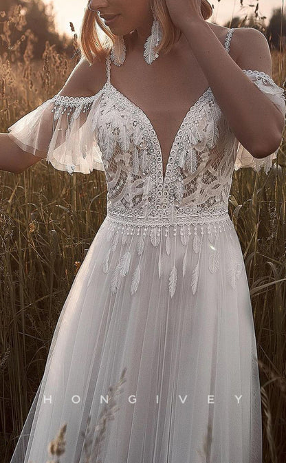H1104 - Chic Tulle Illusion A-Line Plunging Illusion Off-Shoulder Spaghetti Straps Boho Wedding Dress