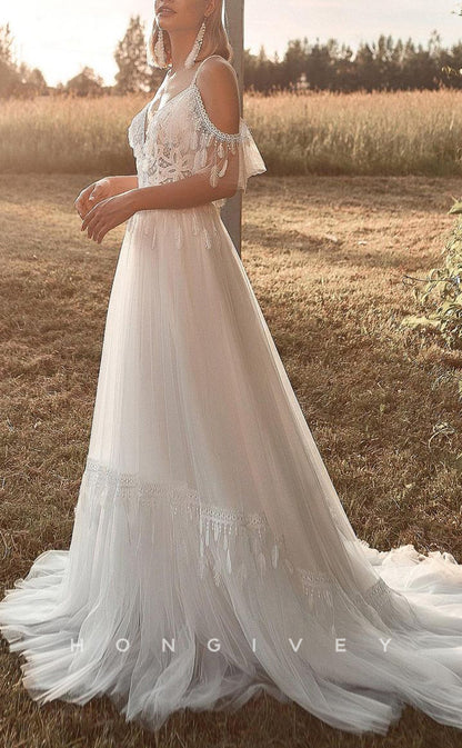 H1104 - Chic Tulle Illusion A-Line Plunging Illusion Off-Shoulder Spaghetti Straps Boho Wedding Dress