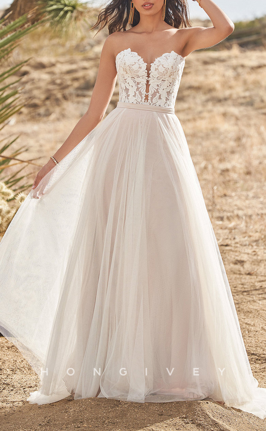 H1106 - Sexy Illusion Sleeveless Sweetheart Appliques With Overskirt Wedding Dress