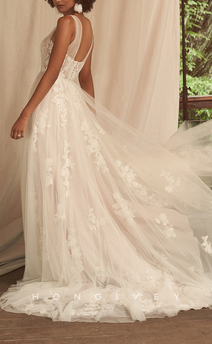 H1110 - Sexy Tulle A-Line Illusion Sweetheart Straps Appliques Wedding Dress