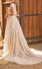 H1112 - Sexy Tulle Illusion A-Line Sweetheart Cap Sleeves Appliques Wedding Dress