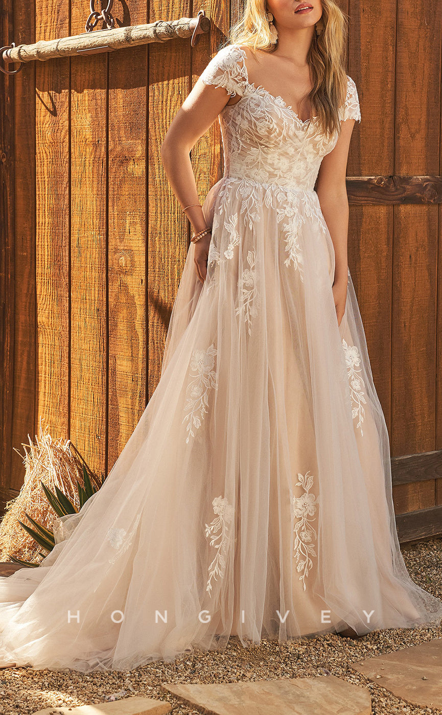 H1112 - Sexy Tulle Illusion A-Line Sweetheart Cap Sleeves Appliques Wedding Dress