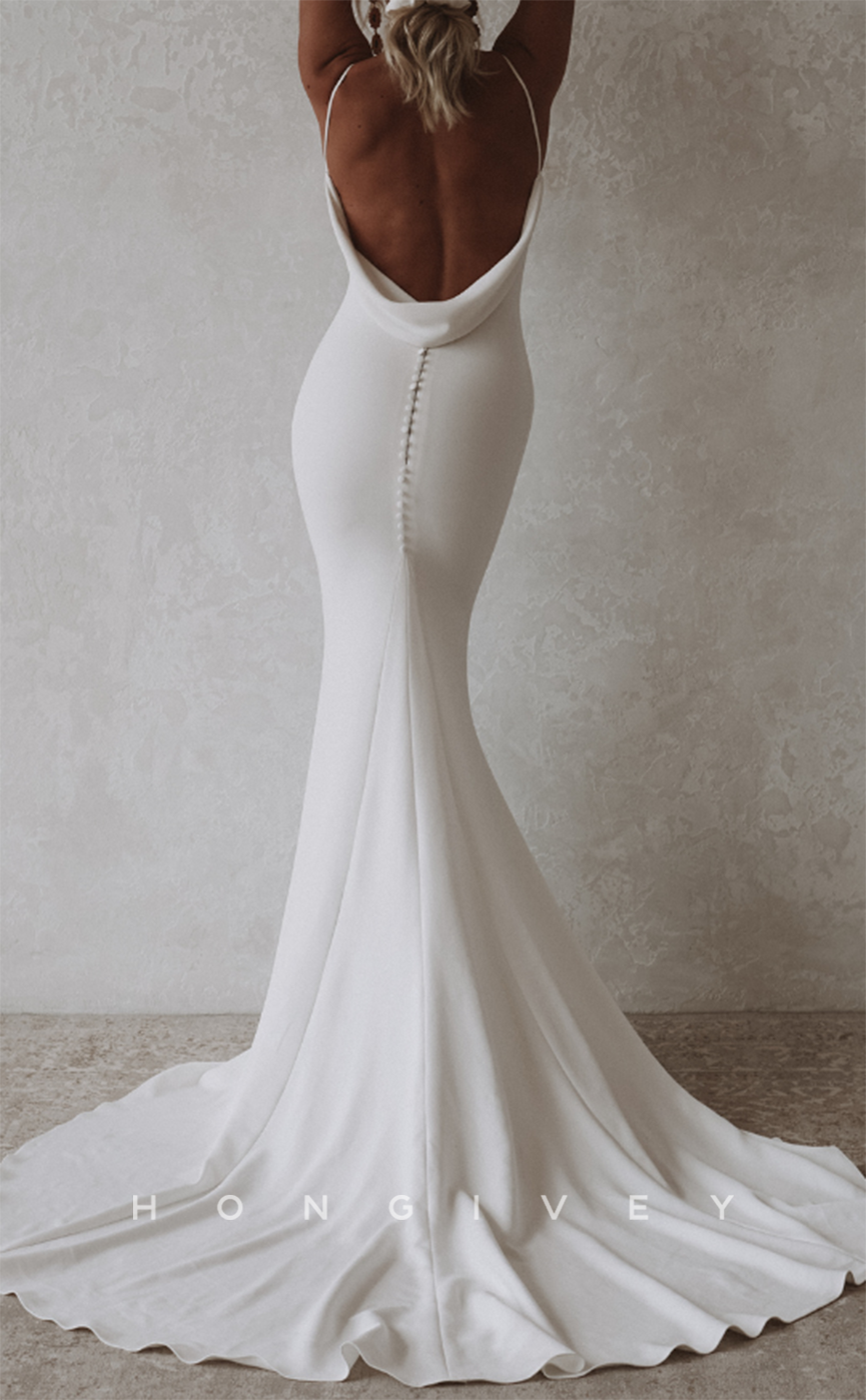 H1113 - Sexy Fitted Satin V-Neck Spaghetti Straps Open Back With Train Wedding Dress