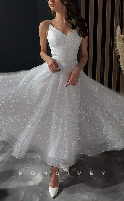 H1118 - Sexy Glitter Tulle A-Line V-Neck Spaghetti Straps Empire Wedding Dress