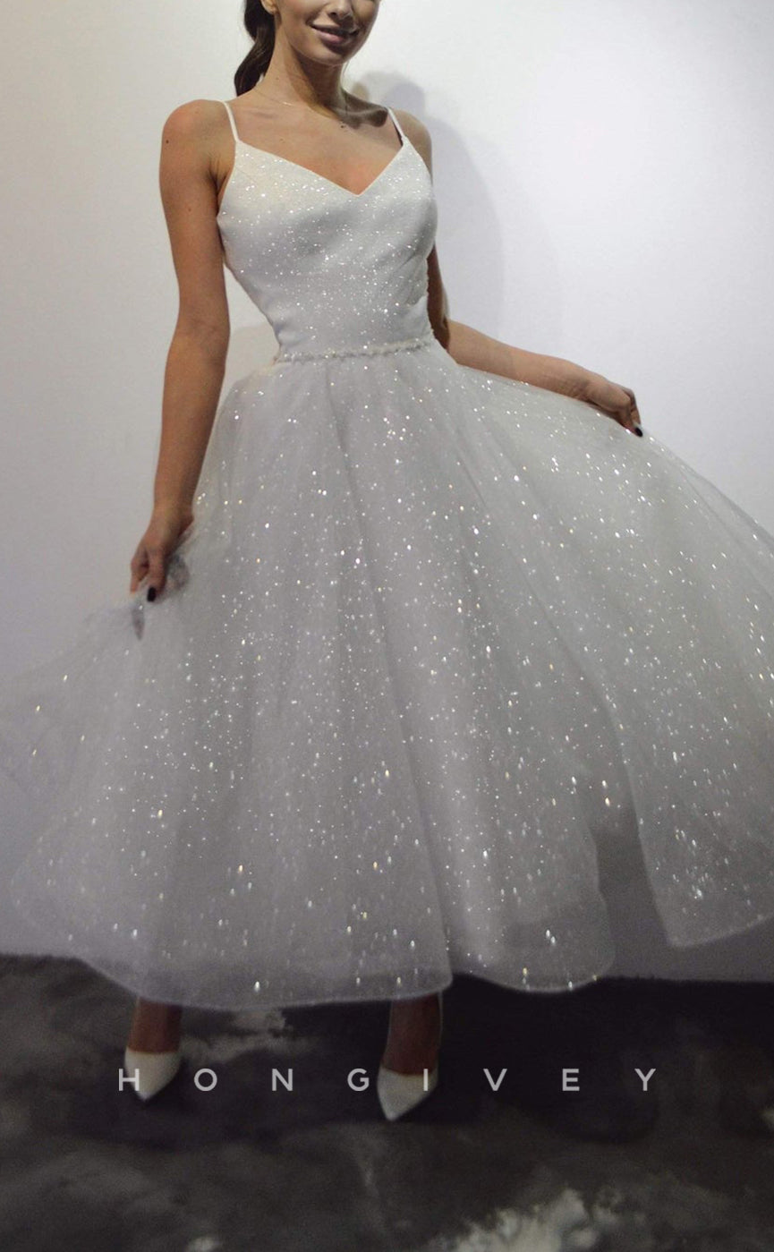 H1118 - Sexy Glitter Tulle A-Line V-Neck Spaghetti Straps Empire Wedding Dress