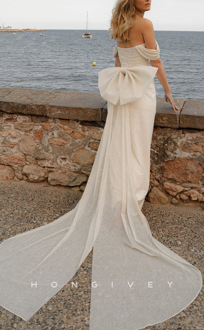 H1120 - Elegant Glitter Fitted Off-Shoulder With Side Slit Bowknot Detachable Train Wedding Dress