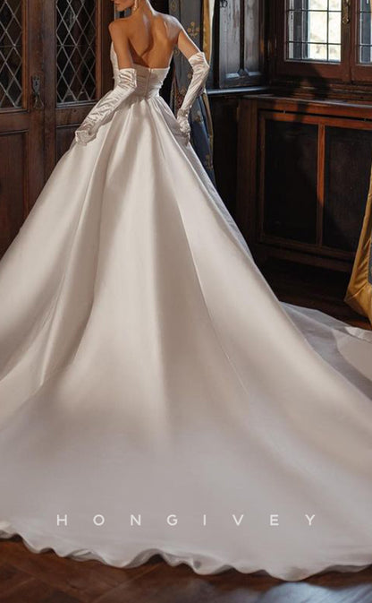 H1126 - Elegant Satin A-Link Bateau Strapless Ruched Gloves With Train Wedding Dress