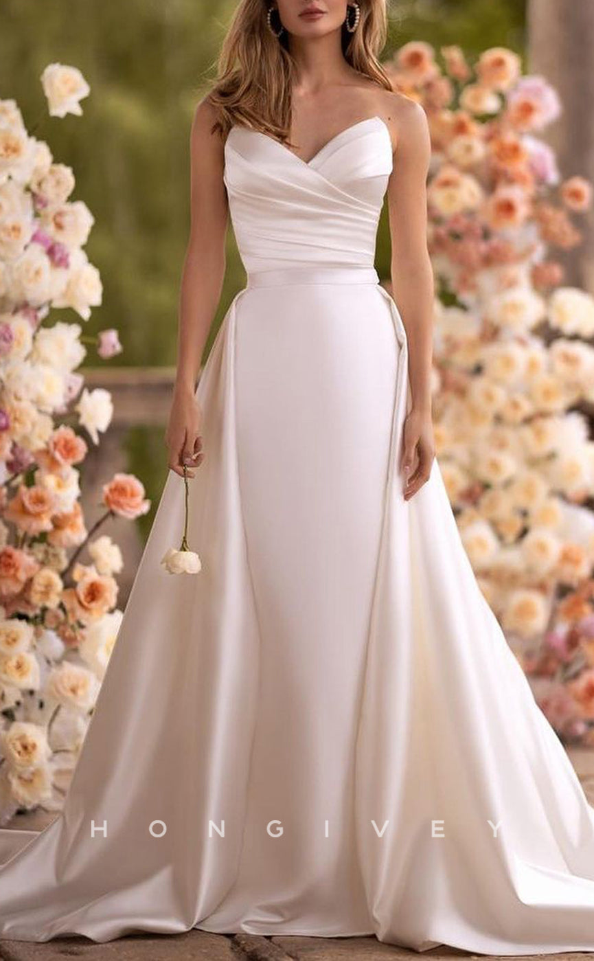 H1130 - Sexy Fitted Satin V-Neck Strapless Ruched Detachable Overskirt Wedding Dress