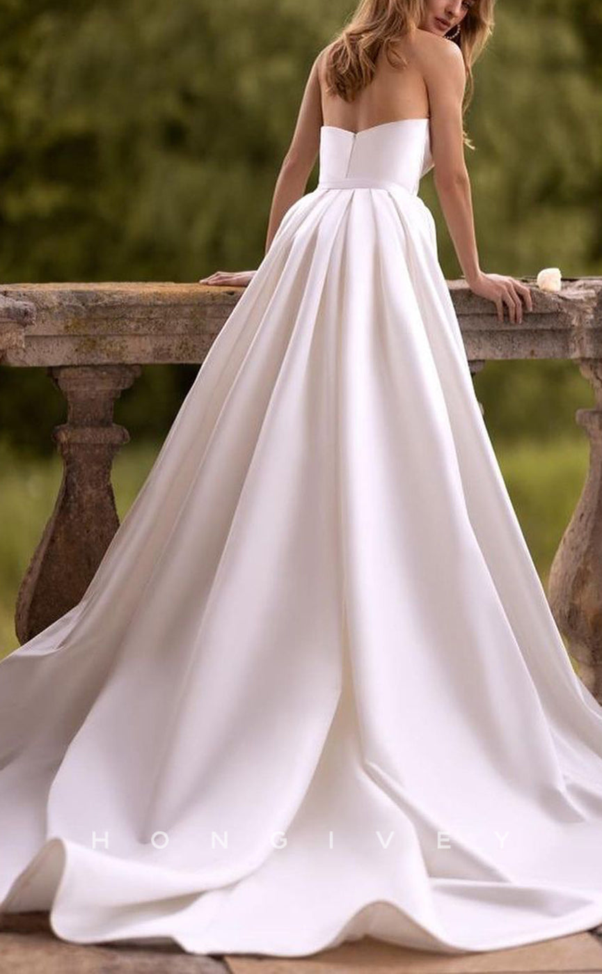 H1130 - Sexy Fitted Satin V-Neck Strapless Ruched Detachable Overskirt Wedding Dress