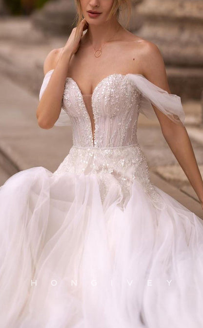 H1133 - Chic Tulle A-Line Off-Shoulder Plunging  V-Neck Beaded With Train Wedding Dress