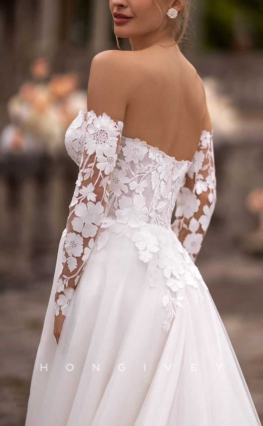 H1134 - Sexy Tulle A-Line Sweetheart Strapless Lace Long Sleevess With Side Slit Wedding Dress