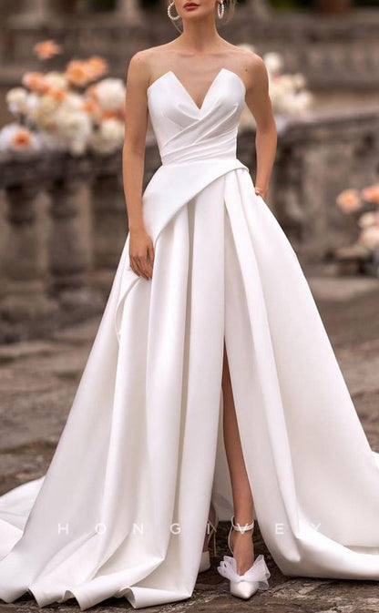 H1135 - Sexy Satin A-Line V-Neck Sleeveless Ruched Empire With Pockets Train Wedding Dress