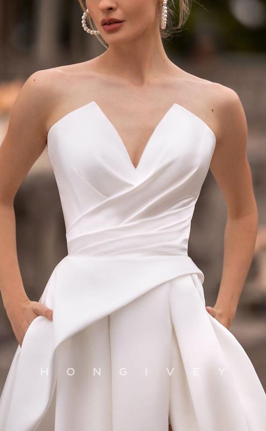 H1135 - Sexy Satin A-Line V-Neck Sleeveless Ruched Empire With Pockets Train Wedding Dress