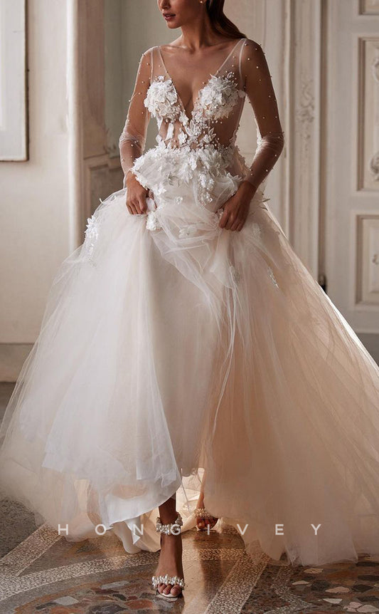 H1136 - Sexy Tulle Illusion A-Line V-Neck Long Sleeves Appliques With Train Wedding Dress