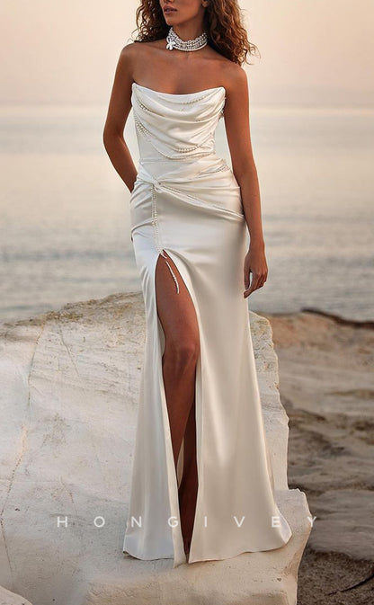 H1138 - Chic Fitted Satin Bateau Strapless Sleeveless Ruched Pearls With Side Slit Wedding Dress