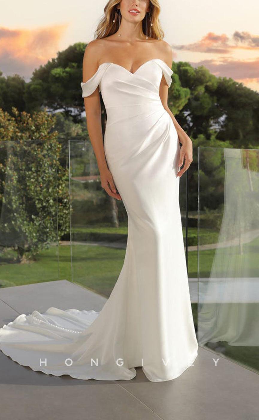 H1145 - Sexy Fitted Satin Off-Shoulder Ruched With Train Beach Wedding Dress