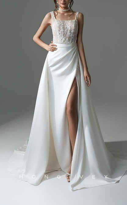 H1146 - Sexy Satin A-Line Square Spaghetti Straps Appliques With Side Slit Wedding Dress