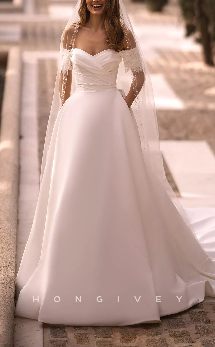 H1151 - Sexy Satin A-Line Off-Shoulder Ruched Empire Appliques With Train Wedding Dress