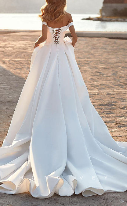 H1153 - Sexy Satin A-Line Off-Shoulder Empire Ruched With Train Wedding Dress