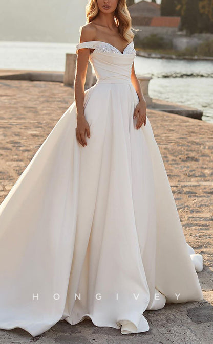 H1153 - Sexy Satin A-Line Off-Shoulder Empire Ruched With Train Wedding Dress