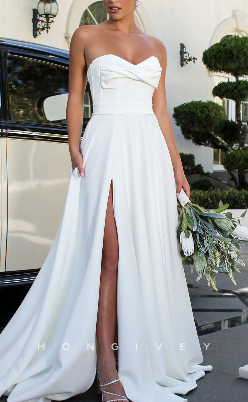 H1154 - Sexy Satin A-Line Sweetheart Strapless Sleeveless With Side Slit Train  Wedding Dress