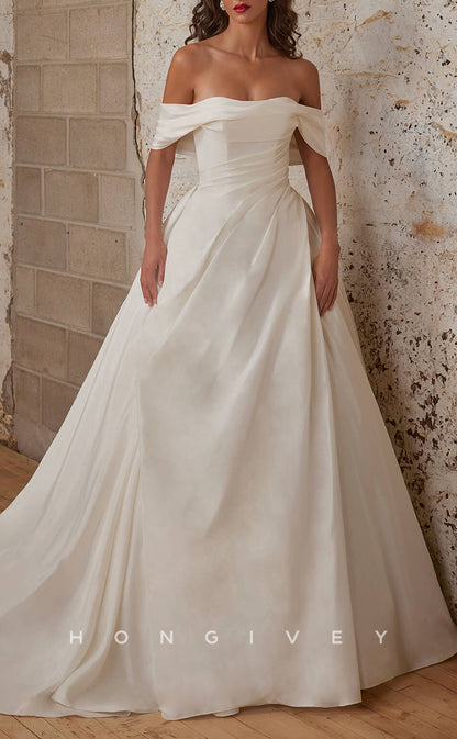 H1156 - Sexy Satin A-Line Off-Shoulder Empire Ruched With Train Wedding Dress