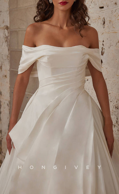 H1156 - Sexy Satin A-Line Off-Shoulder Empire Ruched With Train Wedding Dress