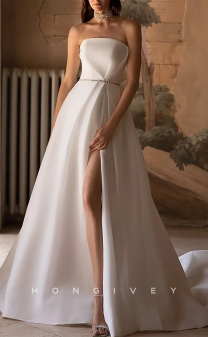 H1158 - Sexy Satin A-Line Strapless Sleeveless Empire With Side Slit Train Wedding Dress