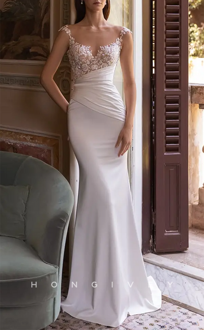 H1160 - Sexy Fitted Satin Sweetheart Spaghetti Straps Appliques Ruched With Overlay Train Wedding Dress