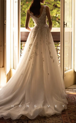 H1162 - Sexy Tulle Glitter A-Line V-Neck Straps Appliques Empire Train Wedding Dress