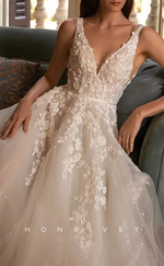 H1162 - Sexy Tulle Glitter A-Line V-Neck Straps Appliques Empire Train Wedding Dress