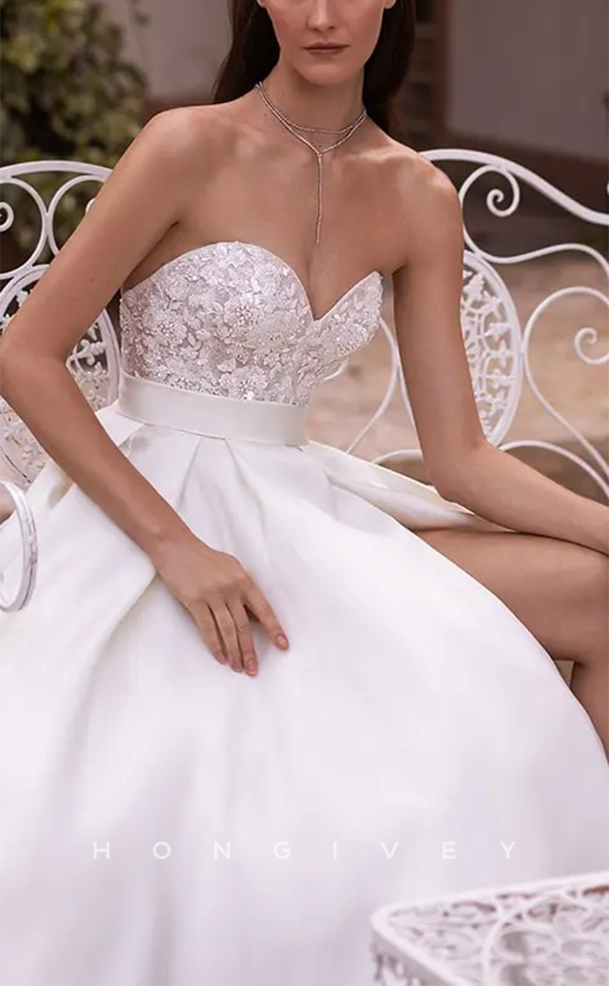 H1163 - Sexy Satin A-Line Sweetheart Sleeveless Empire Appliques With Side Slit Train Wedding Dress