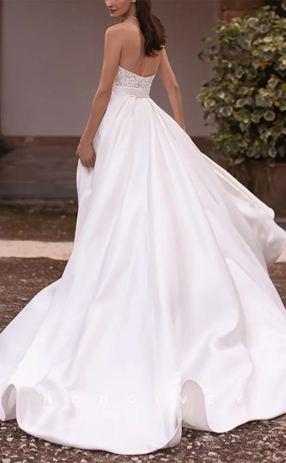 H1163 - Sexy Satin A-Line Sweetheart Sleeveless Empire Appliques With Side Slit Train Wedding Dress